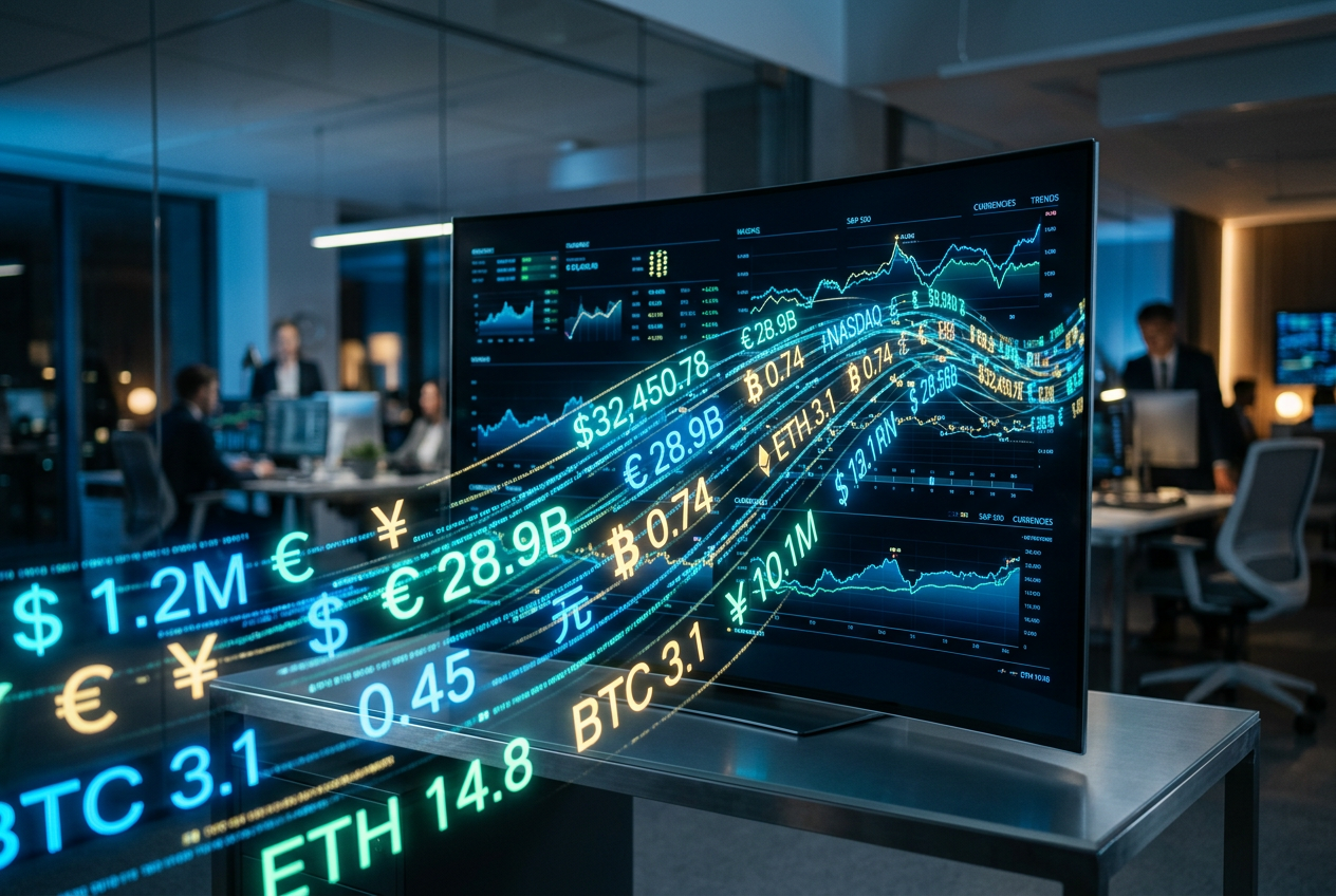 Digital visualization of currency symbols and data flowing through a secure network.