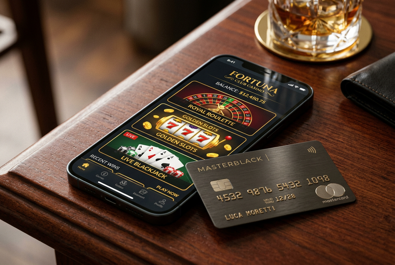 A luxury credit card next to a smartphone showing a casino app.
