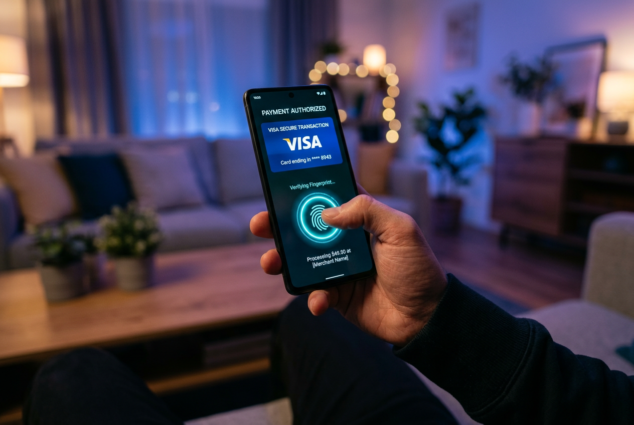 Biometric fingerprint authentication on a smartphone for payment.