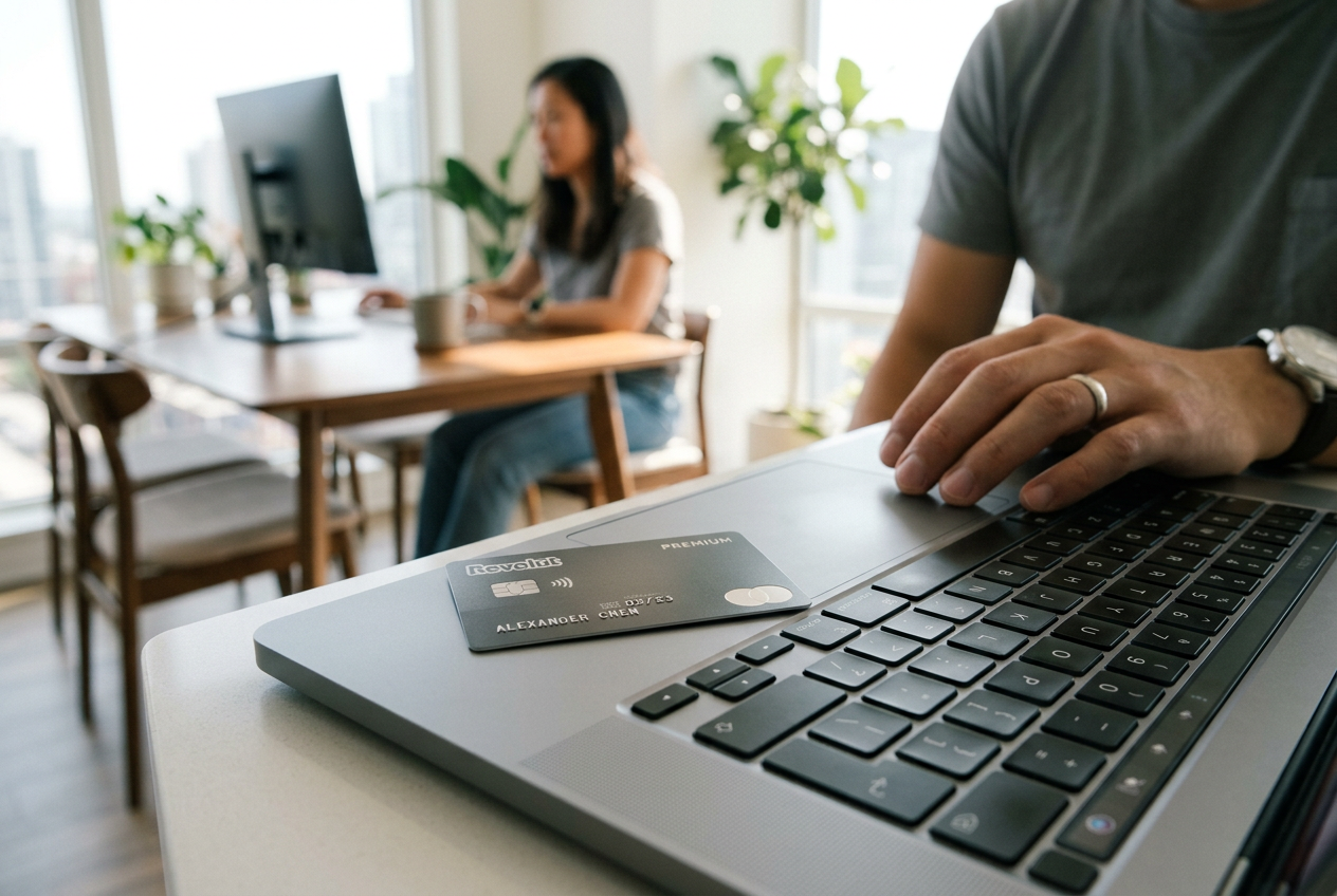Karta Revolut leżąca obok laptopa symbolizująca bezpieczne płatności
