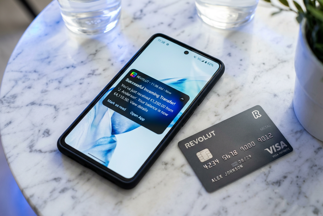 Smartfon z powiadomieniem o otrzymaniu przelewu w aplikacji Revolut