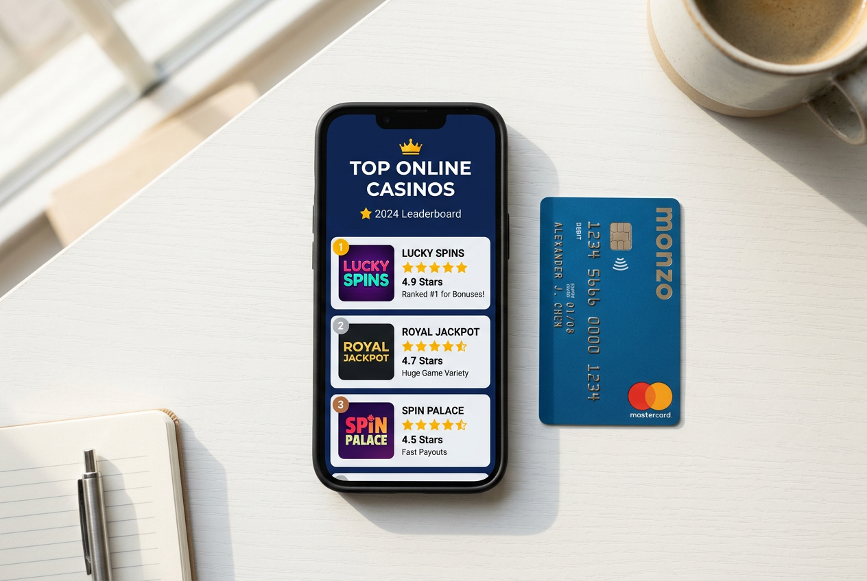 Smartfon z listą rankingową kasyn i kartą Revolut